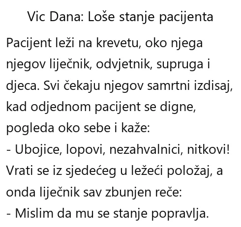 Vic dana: Loše stanje pacijenta Vic dana Loše stanje pacijenta